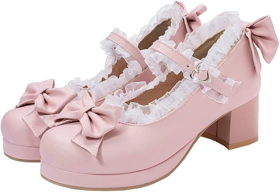 LUXMAX Women Kawaii Mid Block Heel Mary Jane Rockabilly Pumps with Bow