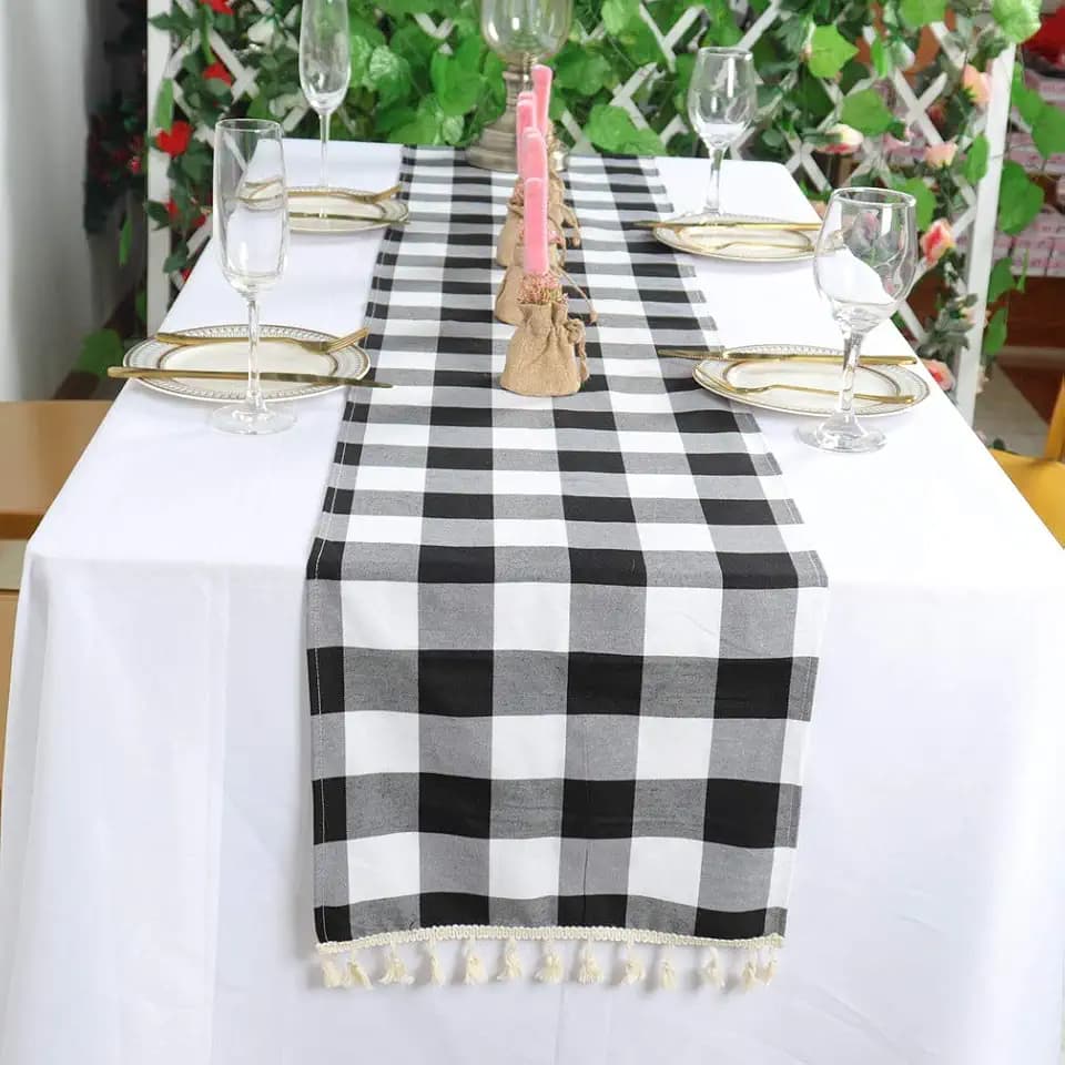 Partisout Black White Gingham Table Runner 14x72in Checkered with Tassel