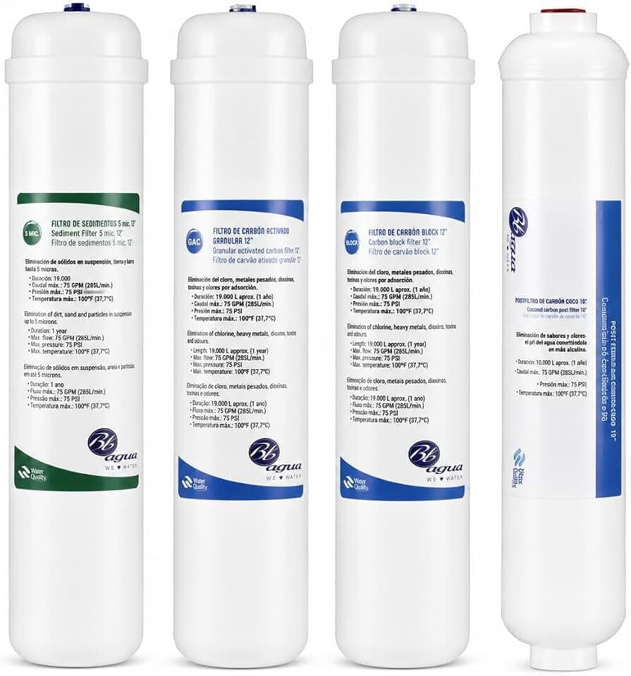 Kit mit 4 12-Zoll-Inline-Filtern für kompakte Umkehrosmosegeräte. 1 Sedimentfilter, 1 Aktivkohle, 1 Kohleblock und 1 Kokosnusskohle-Nachfilter. Bbagua.