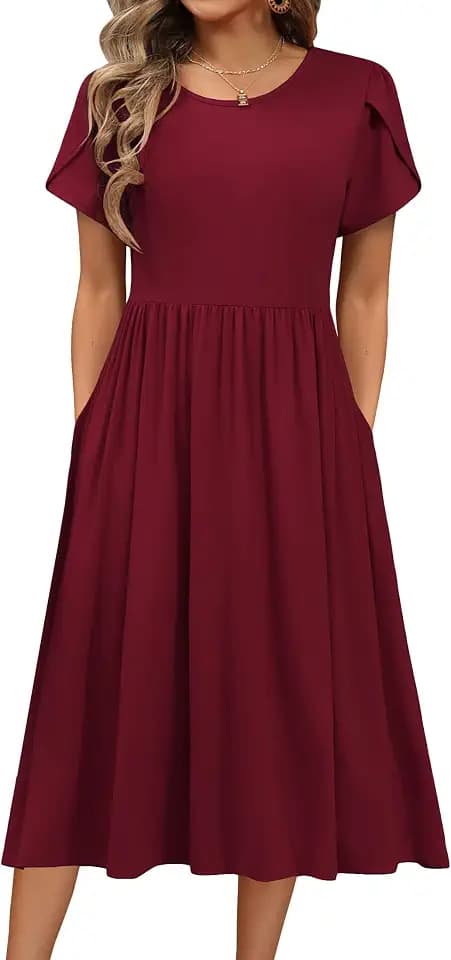 Hotouch Sommerkleid Damen Kurzarm Kleid Rundhals Freizeit Kleid mit Tasche