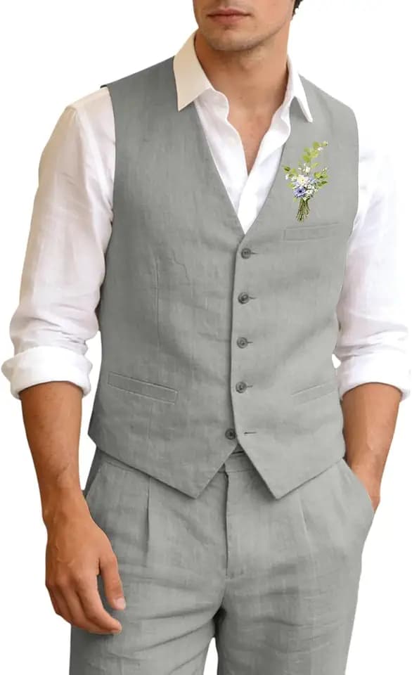 Men's Linen Suit for Men 2 Piece Slim Fit Linen Vest and Pants Set