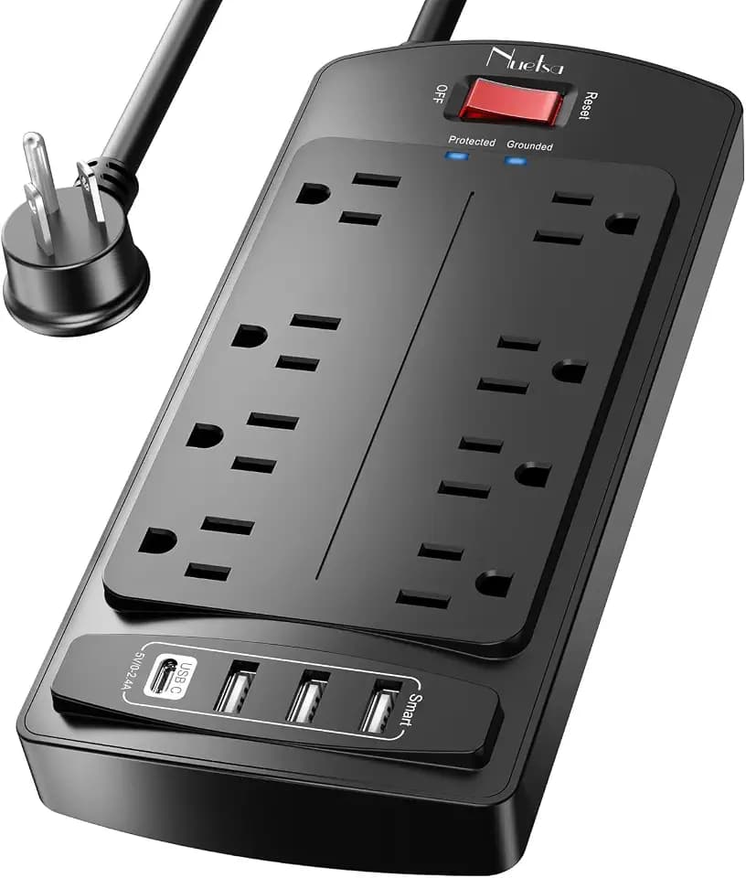 10 Feet Surge Protector Power Strip - Nuetsa Extension Cord with 8 Outlets and 4 USB Ports, Flat Plug, 2700 Joules, for Home, School, College Dorm Room, and Office, ETL Listed, Black