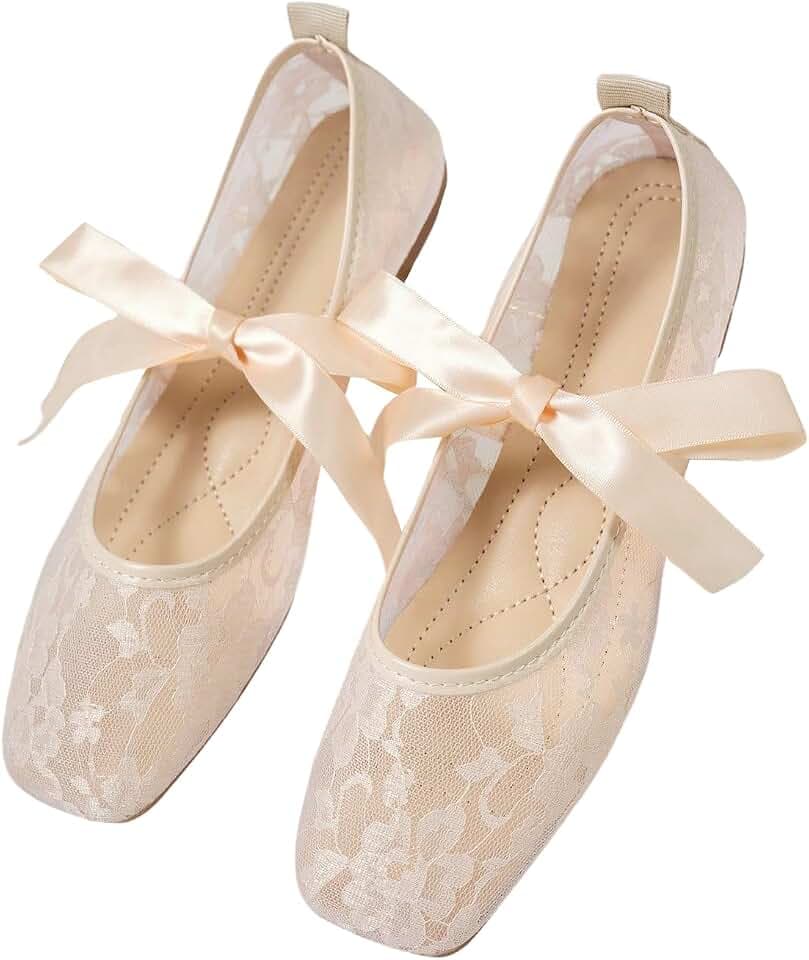 GORGLITTER Women's Floral Lace Mesh Ballet Flats Comfortable Dressy Square Closed Toe Bow Ballerina Dress Shoes