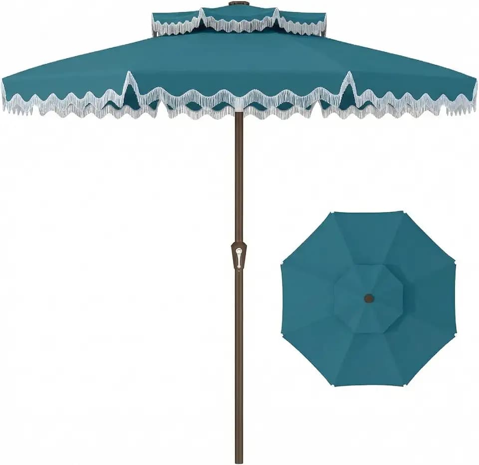 Patiokingdom 9FT Patio Umbrella with Fringe,Tassel Umbrella UPF 50+ & Push-Button Tilt,Rust-Resistant Fiberglass Frame for Pool,Garden,Backyard,Yard (Lake Blue)