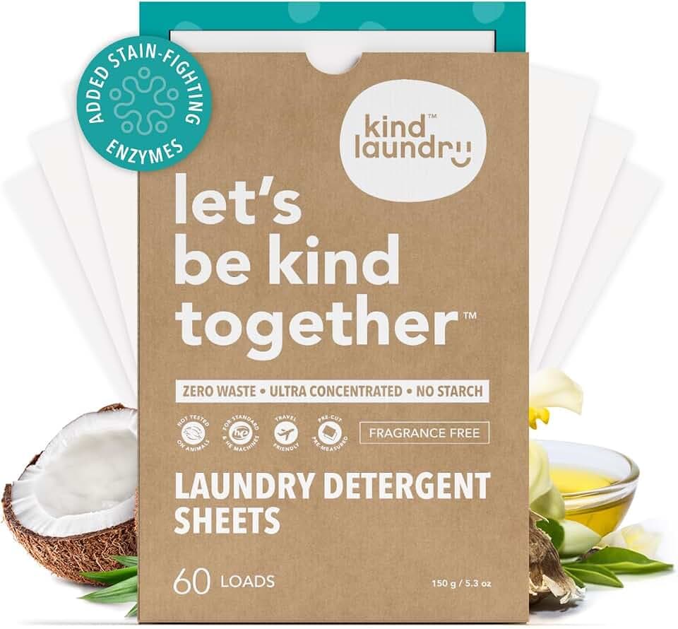 Kind Laundry Detergent Sheets for Sensitive Skin, Fragrance Free, 60 Loads