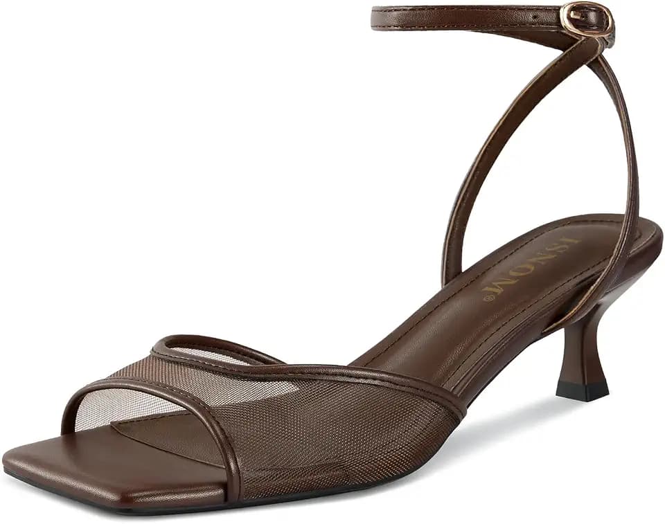 ISNOM Women's Mesh Square Toe Kitten Heel Sandals Ankle Strap Dress Shoes
