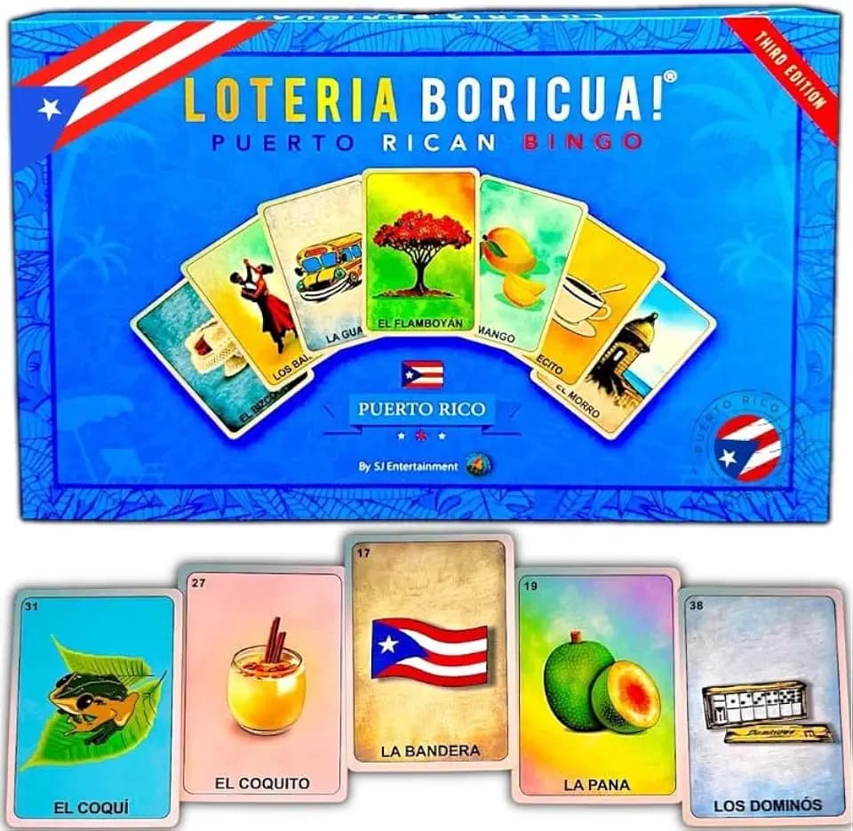 SJ Entertainment Lotería Boricua – Puerto Rico Bingo Game for Family & Parties (15 Players) | Bilingual Spanish-English | Puerto Rican Gift & Culture Game