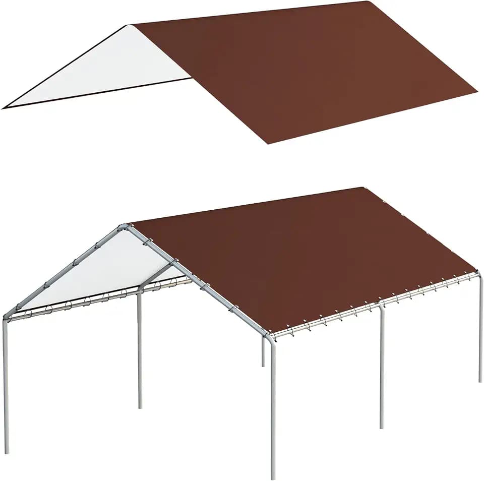 10 x 20 Ft Carport Replacement Canopy Cover Garage Top Tent Shelter Tarp with Free 48 Ball Bungee Cords,Brown (Only Cover, Frame Not Include)