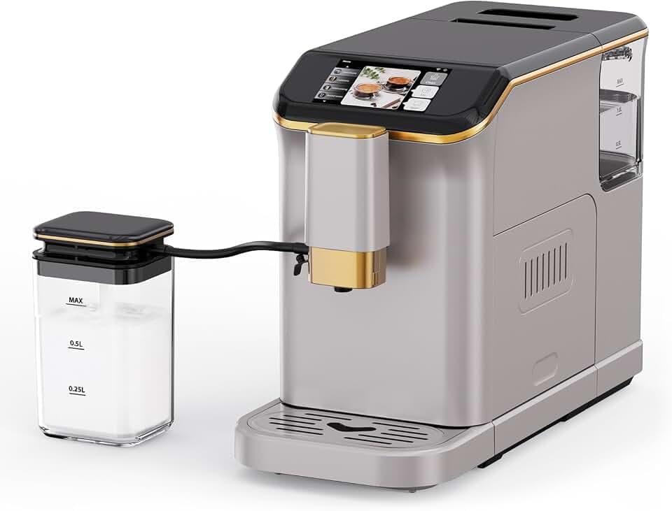 Garvee Fully Automatic Espresso Machine, with Milk Frother, One Touch Recipes, Intuitive Touch Display, 20 Bar Pressur & 15 Grind Settings for Latte, Cappuccino, Espresso, Built-In Grinder