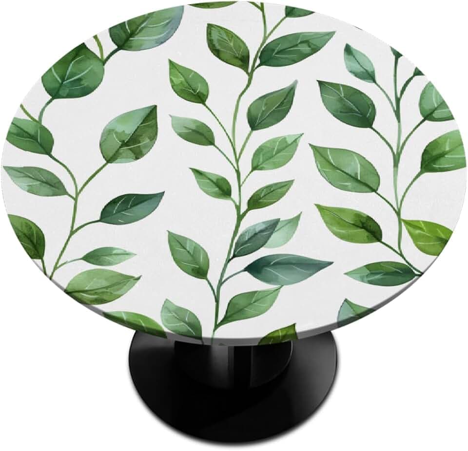 Round Fitted Tablecloth with Elastic Edge, Green Leaf Elastic Table Cover Waterproof Wipeable Table Cloths for Round Tables Picnic, Patio, Fits Tables up to 36"-42" Diameter