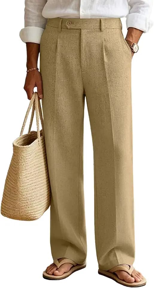 Susclude Mens Linen Casual Dress Pants Old Money Pleated Wide Leg Baggy Vintage Relaxed Fit Slacks Work Office Trousers