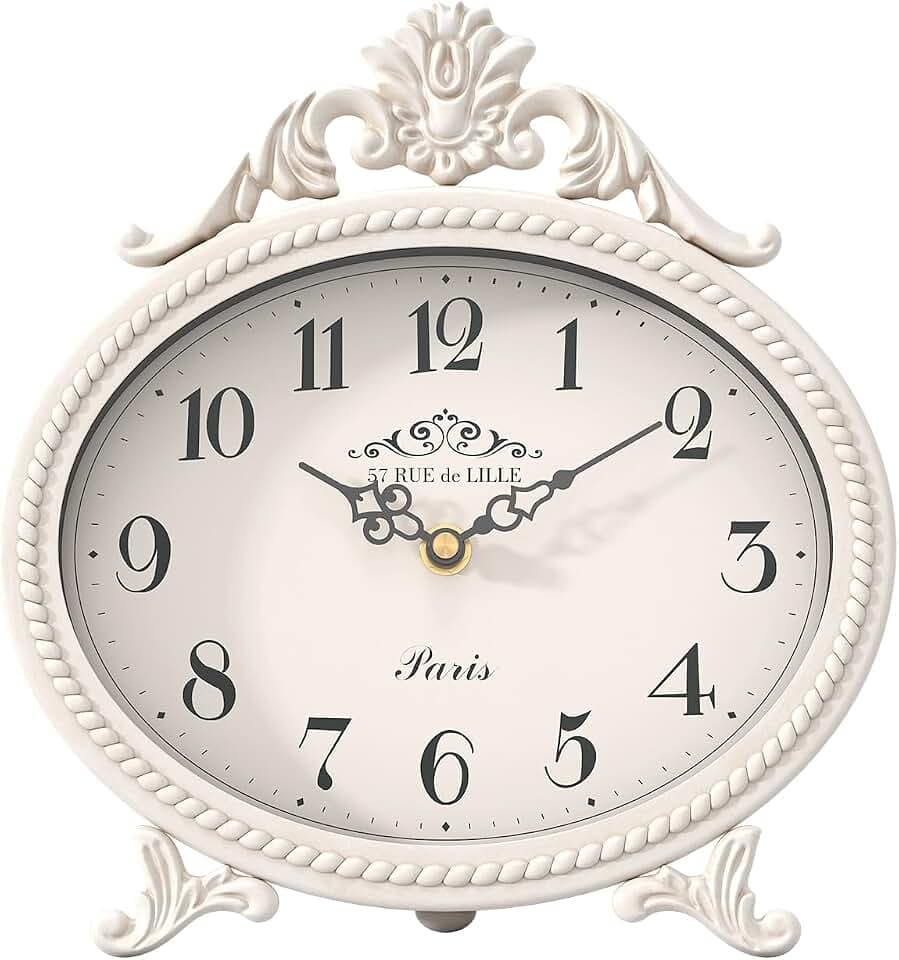 Abdurey Vintage-Tischuhr auf Ständer, Schreibtisch und Regal, dekorative Uhr, französischer rustikaler Stil, Kaminuhr, Metallrahmen, antikweißes Finish, Bauernhaus, Schlafzimmer, Nachttisch