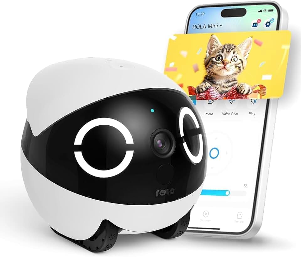 Enabot ROLA Mini Funny Pet Companion Robot, 2K Haustierkamera, Fahrbare Heimtierkamera mit One-Touch-Anruf & 2-Wege-Audio, Katzen Kamera mit IR-Nachtsicht & 5000 mAh Akku