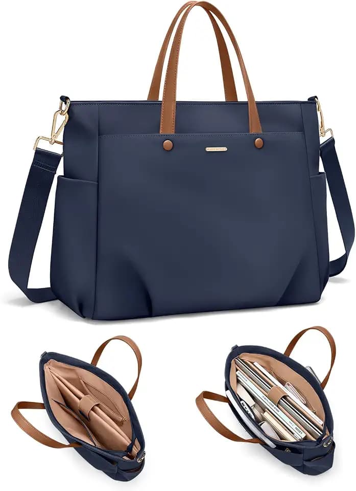 14 Inch Laptop Tote Bag for Women, Lightweight Nylon Work Shoulder Bag, Water-Resistant Computer Handbag with Pockets for Business Travel & Commute (Navy Blue)