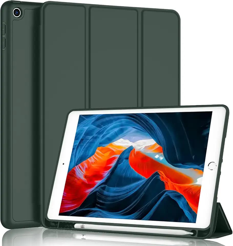 iMieet iPad 9th Generation Case 2021/iPad 8th Generation Case 2020 10.2 Inch with Pencil Holder, iPad 7th Gen 2019 Case with Soft Baby Skin Silicone Back, Auto Wake/Sleep Cover(Dark Green)