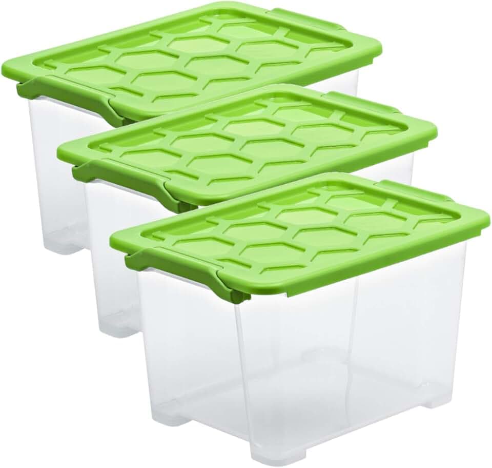 Rotho Evo Safe Keeping 3er-Set Aufbewahrungsbox 15l mit Deckel, lebensmittelechter Kunststoff (PP) BPA-frei, transparent/grün, 15l (39.3 x 28.3 x 23.0 cm)