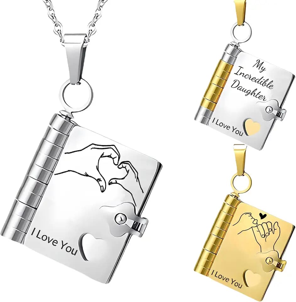 My Incredible Daughter Book Necklace for Daughter Gifts from Mom Dad, Necklaces for Women Openable with 6 Pages of Engraved Information Birthday Day Gift Graduation Jewelry for Love