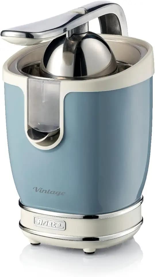 Ariete Vintage 413 Zitruspresse, Retro Elektrische Saftpresse mit Hebel, 2 Presskegel für Große und Kleine Früchte, Tropffreier Auslauf, Leiser Motor, Professionelles Auspressen, 85W, Blau