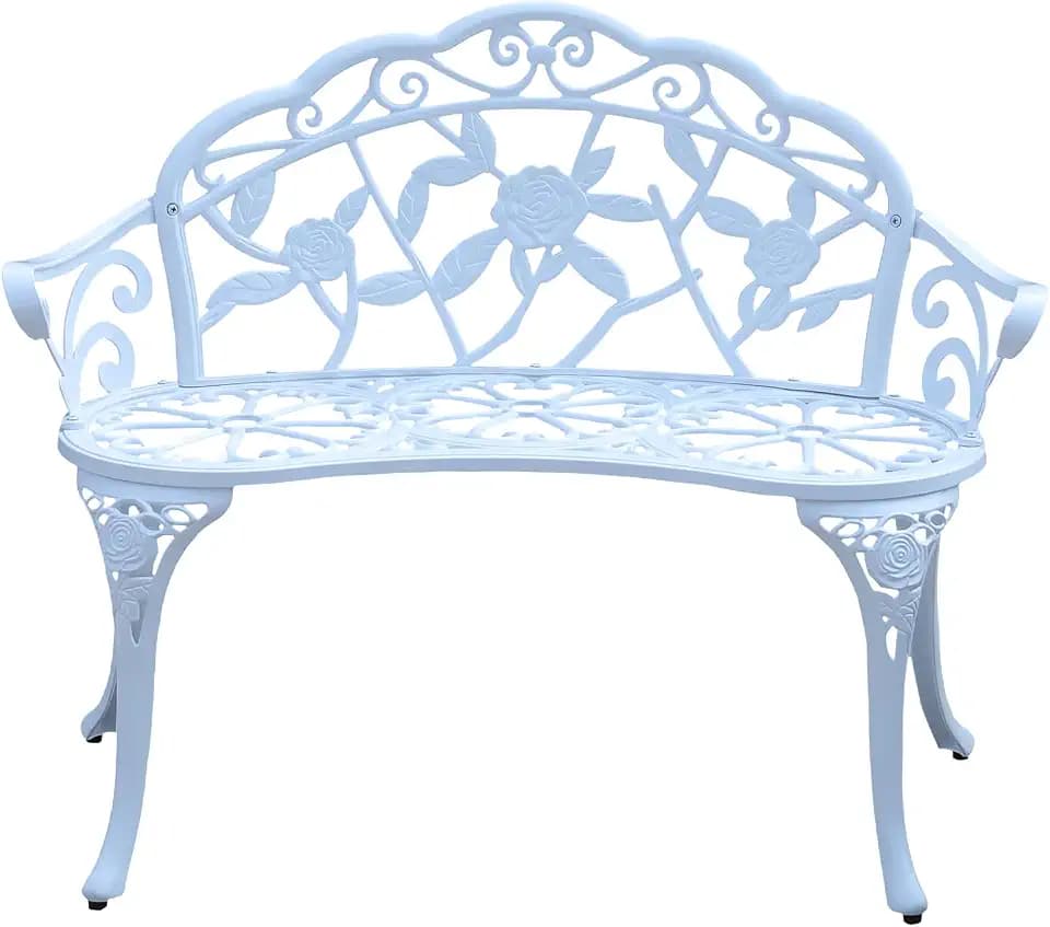 Cast Aluminium Outdoor Bench, Rose Garden Bench for Patio,Park,Lawn,Yard (White)