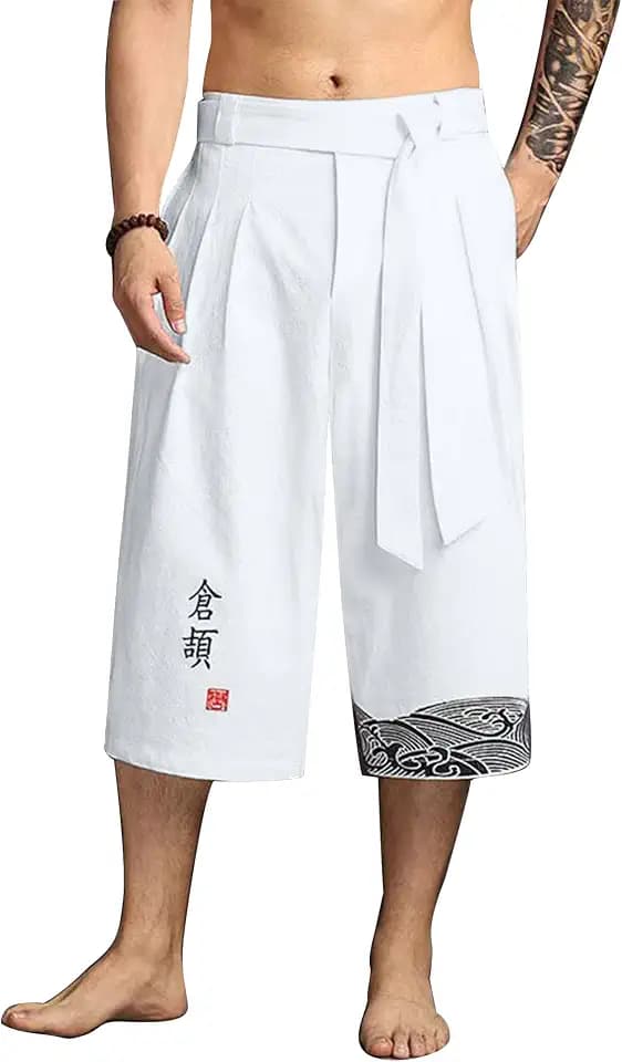 YAOBAOLE Japanische Herrenhose, kurze Taro-Hose aus Leinen, traditionelle japanische Kleidung mit Kordelzug