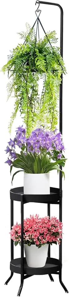 RINBOU Hanging Plant Stand Indoor Outdoor, Space-Saving Corner Metal Plant Shelf 3 Potted Flower Pot Stand, 2 Tier 61" Tall Modern Planter Holder for Patio Garden Balcony Living Room Bedroom, Black