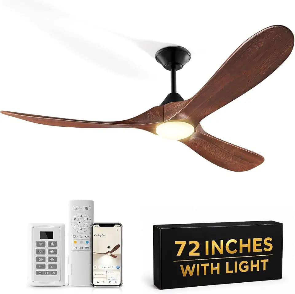 Wall Switch Outdoor Ceiling Fan with Light Remote for Patios, Wet Rated Wood 3-Blade Propeller Ceiling Fans, Smart APP, High CFM 6-Speed DC Motor for Exterior Indoor, 3 LED Glass Lamp, Walnut