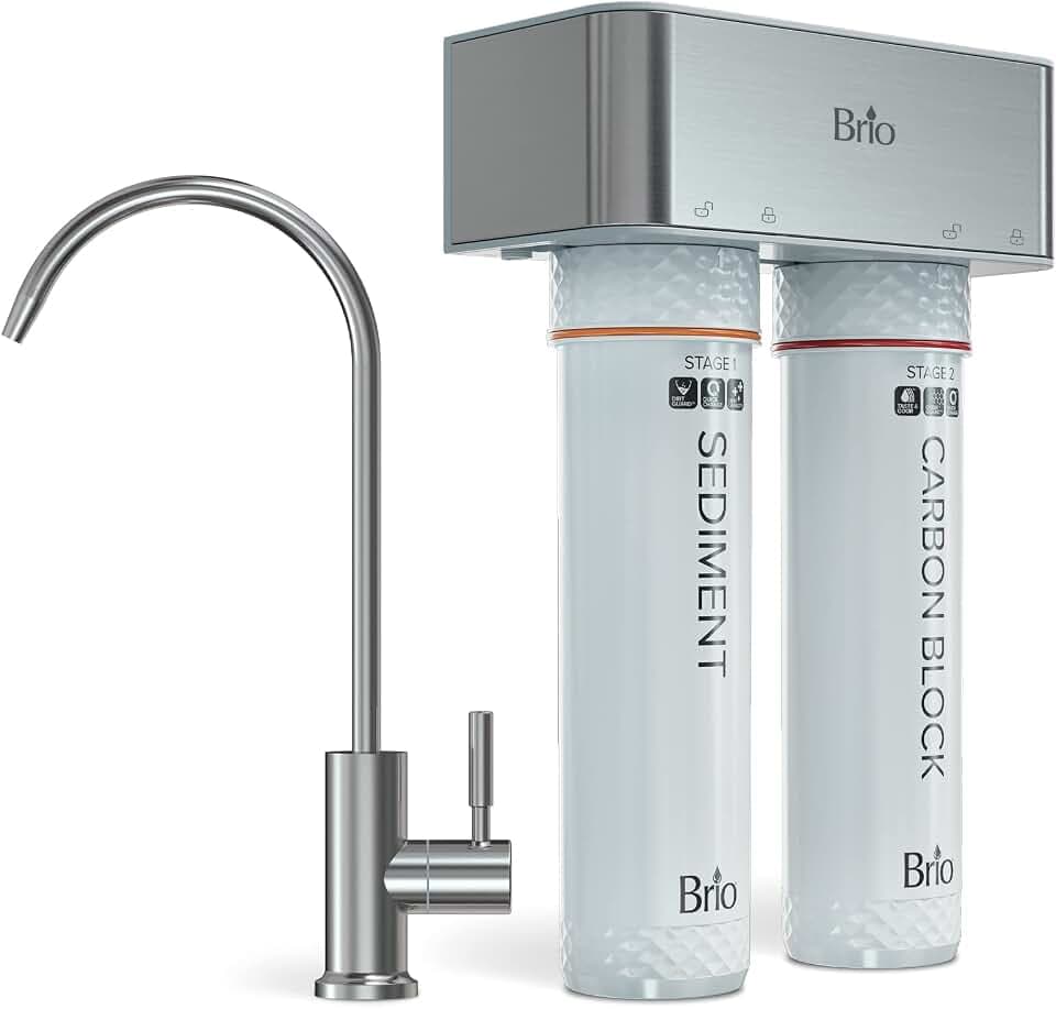 Brio 2-Stage Undersink Filtration System, Brushed Nickel Faucet, 950-Gallon Capacity Sediment & Carbon Filters, Chlorine & Heavy Metal Reduction, 0.5 GPM