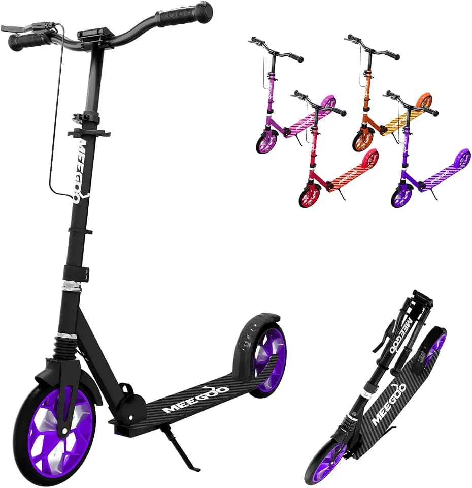 MEE GOO Faltbarer Kinderroller mit Stoßdämpfung, höhenverstellbarem Lenker, Doppelbremsen, 8" Rädern, rutschfestem Deck, bis 100kg (220lbs)