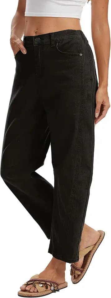 Barrel Jeans for Women Mid Rise Pull On Wide Leg Cropped Stretchy Boyfriend Denim Pants Trendy