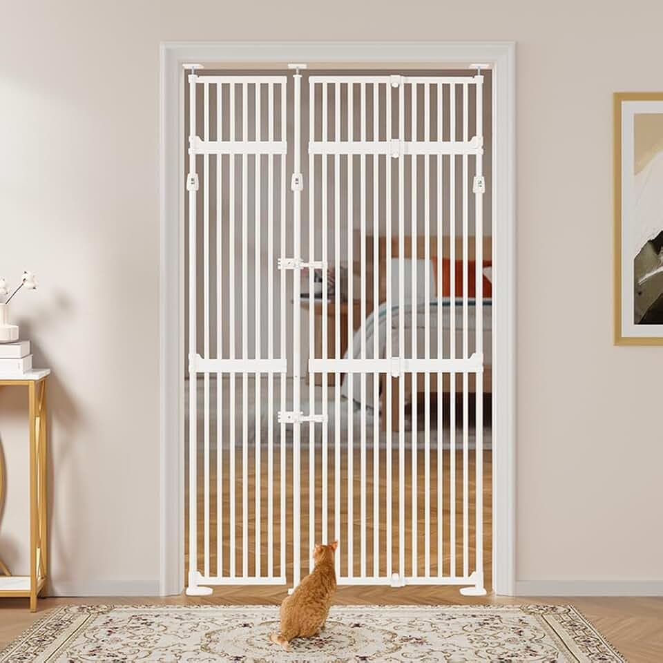 unipaws 218 cm extra hohes Haustiergitter, verstellbar & ausziehbar (218–250 cm H × 89–129 cm B), mit 3 Stützstangen, Doppelschloss, druckmontiert, ohne Bohren