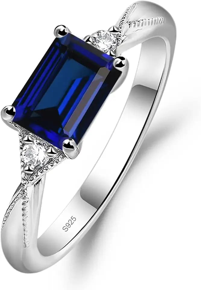 LUO Sterling Silver Emerald Cut 5X7 MM East West Ring for Women