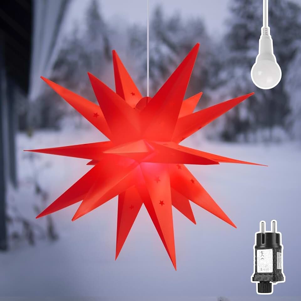 SALCAR 60cm 3D Leuchtstern Außen Weihnachten, LED Weihnachtsstern Beleuchtet Fenster, Adventsstern Innen Weihnachtsdeko Hängend, Rot