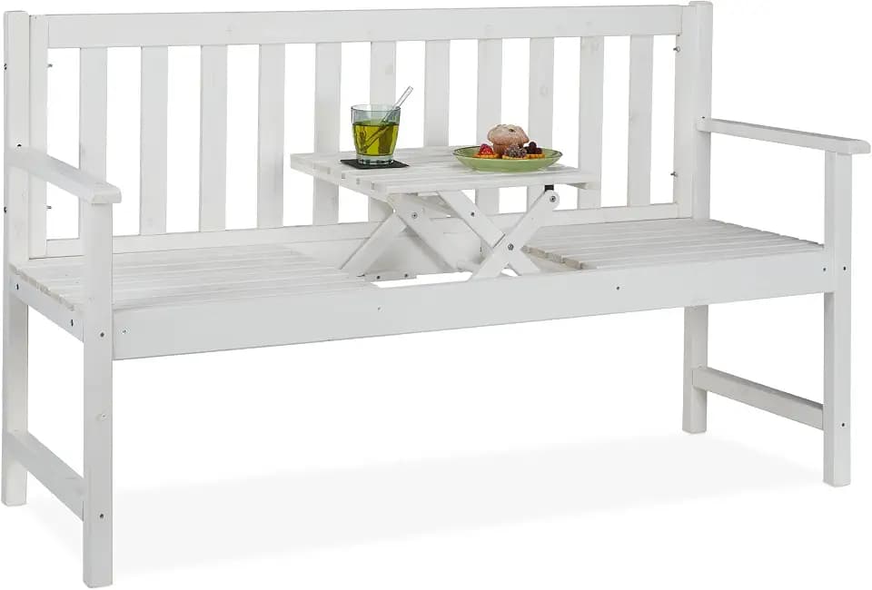 Relaxdays Gartenbank mit integriertem Tisch, 3 Sitzer, weiß