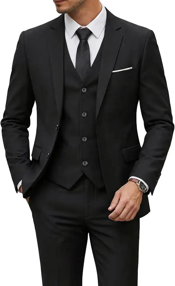 YND Men's 3 Piece Suit with Tie, Solid Color Slim Fit Jacket Vest and Pants
