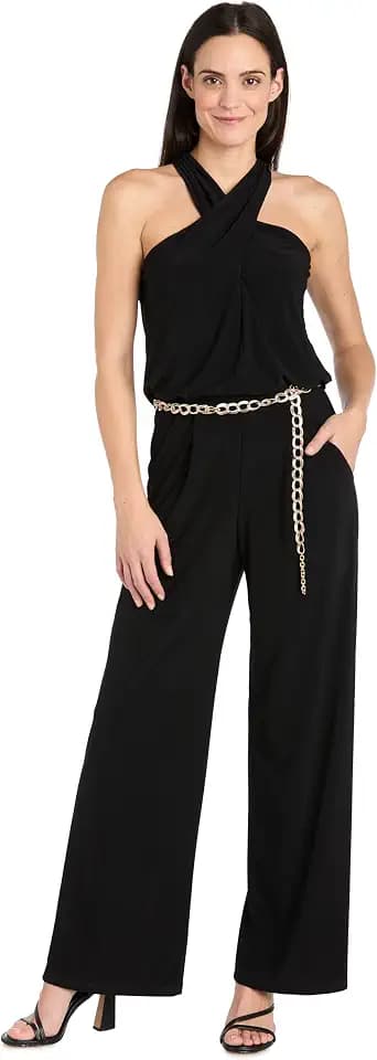 R&M Richards Chic Criss-Cross Halter Formal Jumpsuit W/Chian Blet & Wide Legs - Elegant Relaxed Fit