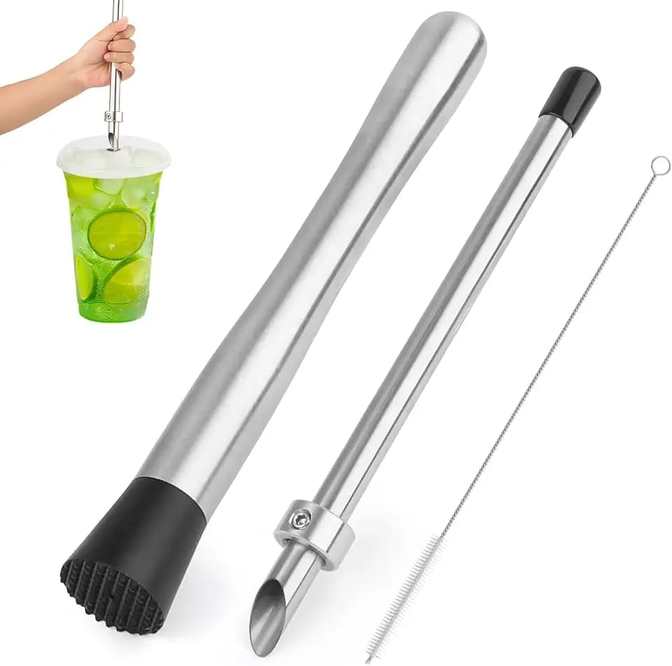 3 Pcs Professional Lemonade Stand Kit Includes 304 Stainless Steel Muddler,Straw Hole Puncher for Plastic Lids Lemonade Cups and Straw Cleaning Brushes for Fresh Squeezed Lemonade Stand Supplies