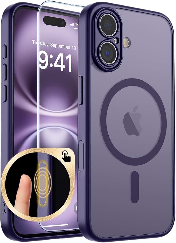 SUPFINE Magnetic for iPhone 16 Case,[Full Camera Protection][1+Tempered Glass Screen Protector] Slim Translucent Matte Shockproof Phone Cover,Dark Purple