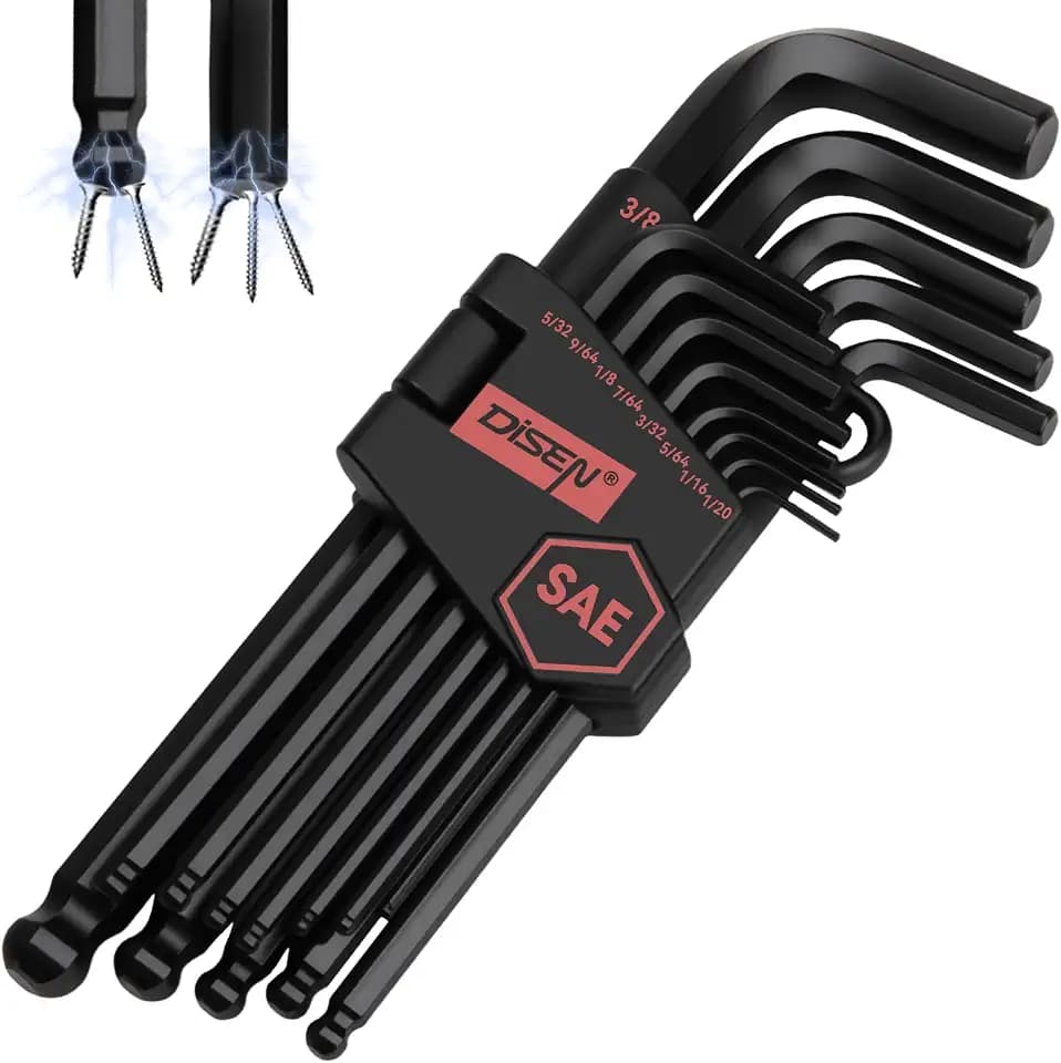 DISEN 13 Pieces Hex Key Allen Wrench Set SAE Size with Ball End, 1/20-3/8 Inch, Long Arm Ball Design, Chrome Vanadium Steel
