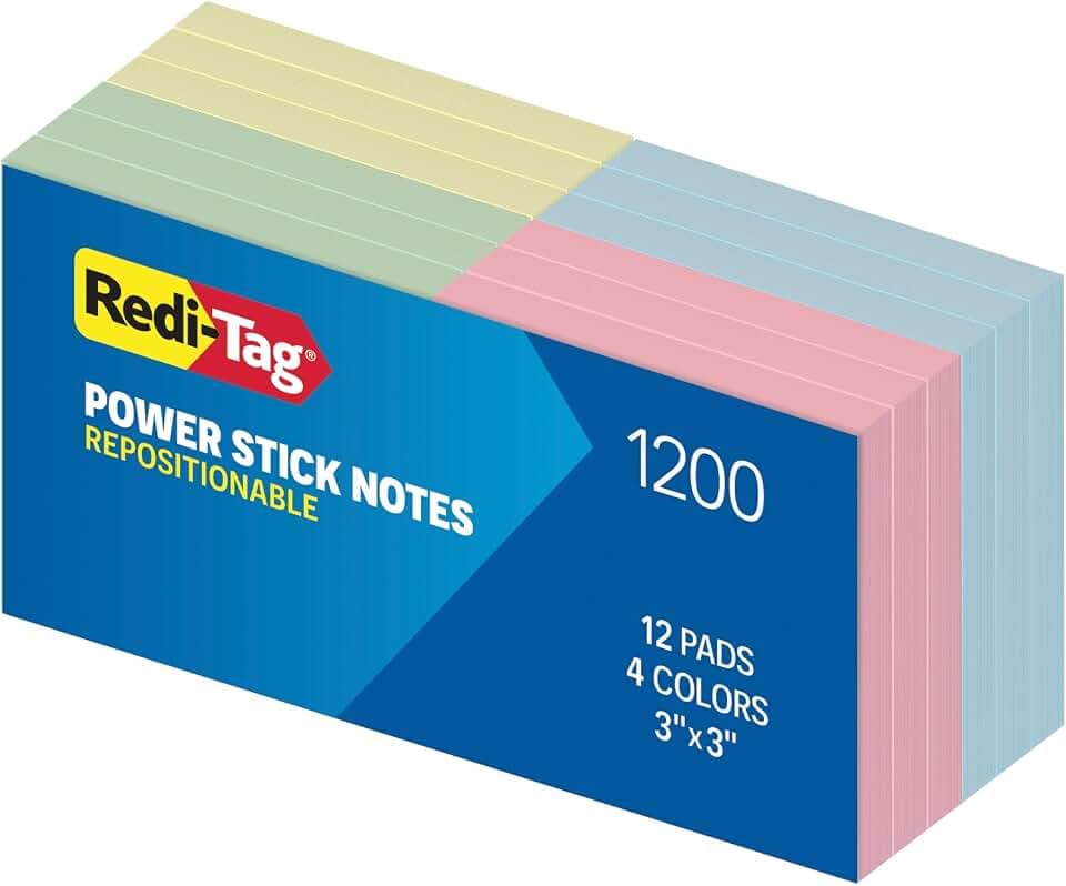 Redi-Tag Power Stick Notes, 12 Sticky Note Pads, 3 x 3 inch, Sticky Notes for School, Office, Home and Classroom, 4 Pastel Colors: Yellow, Blue, Green and Pink, 12 Pads Per Pack (1014129)