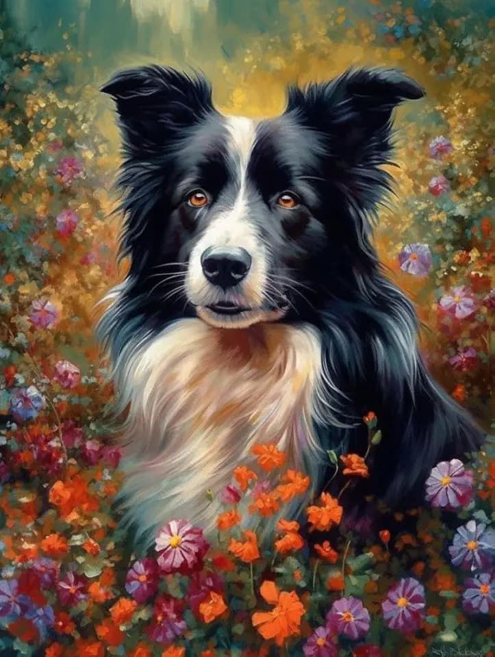Floral Border Collie Diamond Art Painting Full Round Drill Embroidery Kit Cross Stitch Diamond Dots Kit Paint of Rhinestones for Set & Wall Decor 12x16Inch(mt-68)