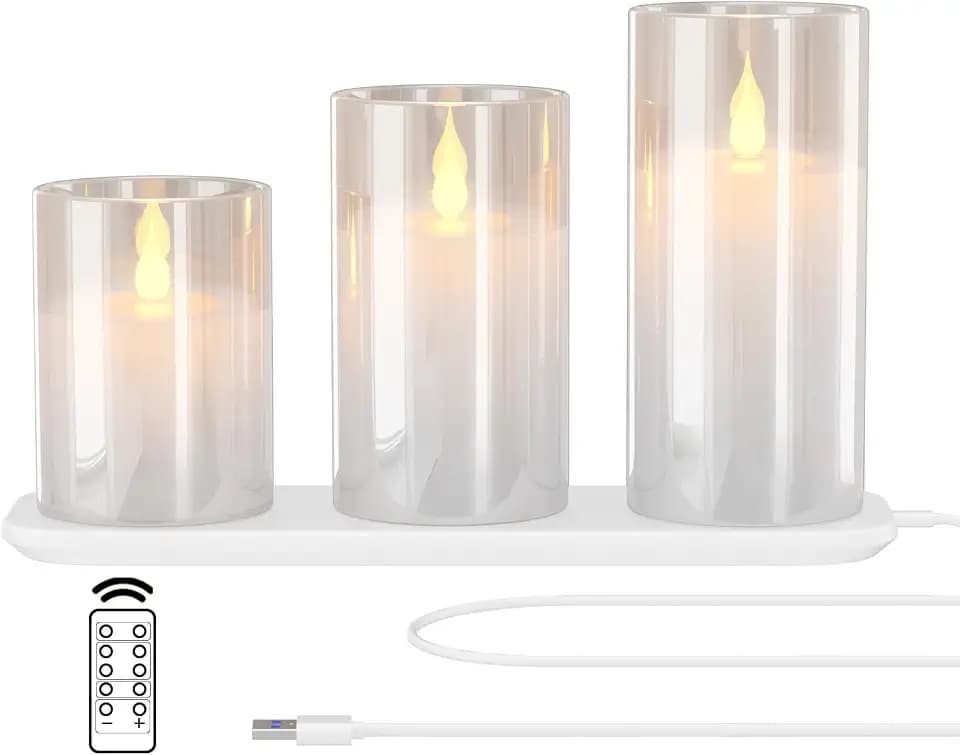 EXTSUD LED Kerzen Flackernde Flamme Kerzen mit Ladestation und Fernbedienung,3er Set Elektrische kerzen aus Glas Wiederaufladbare Flamme Wassertropfer Kerzenlicht mit Timerfunktion Weiß