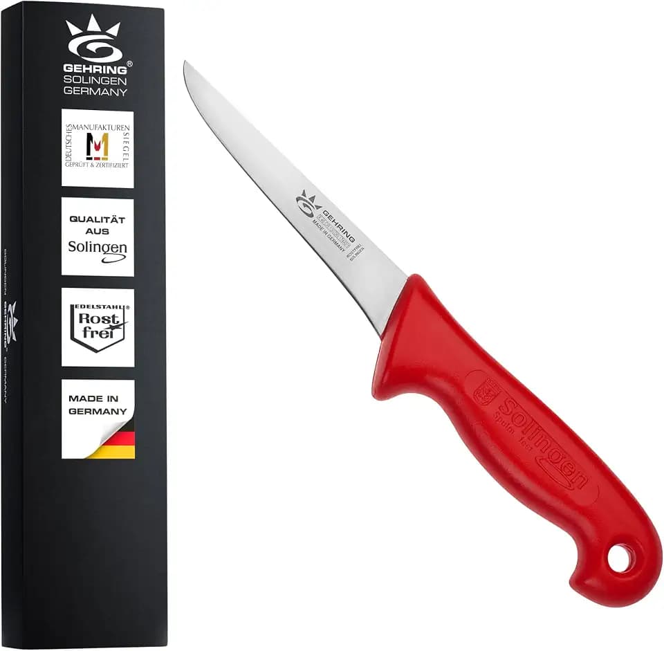GEHRING Solingen Ausbeinmesser 5“/13 cm I Professionelles Metzgermesser aus rostfreiem Edelstahl I ergonomischer Kunststoffgriff rot I Schlachtermesser I Fleischmesser I Made in Germany