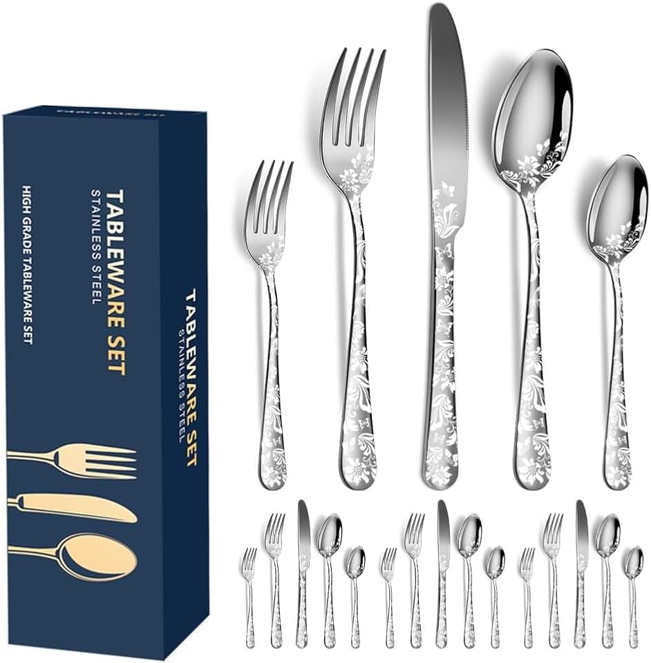 Aoresac Besteck-Set für 4 Personen, 20 Stück, aus Edelstahl, poliertes Muster, mit Blumenspiegel, inklusive Messer, Gabel für Küche, Restaurant, Party