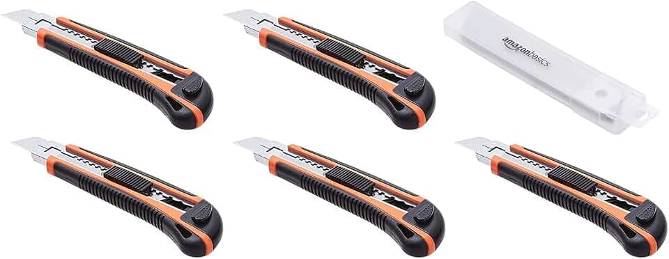 Amazon Basics Hochleistungs-Universalmesser, Holz mit einziehbarem ergonomischem Griff, 5er-Pack, Feststellklinge mehreren Positionen und 10 austauschbaren scharfen Klingen im Behälter, Orange/Schwarz