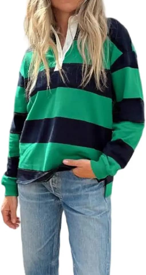 Women Striped Rugby Polo Shirt Y2k Oversized Lapel Collared Pullover Tops Loose Fit Button Up Long Sleeve Shirts (g Navy Blue, S)