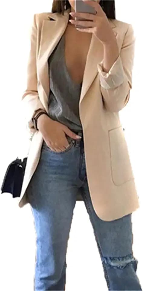OMZIN Damen Elegant Langarm Blazer Sakko Einfarbig Revers Geschäft Büro Kurz Mantel Anzüge Bolero mit Tasche
