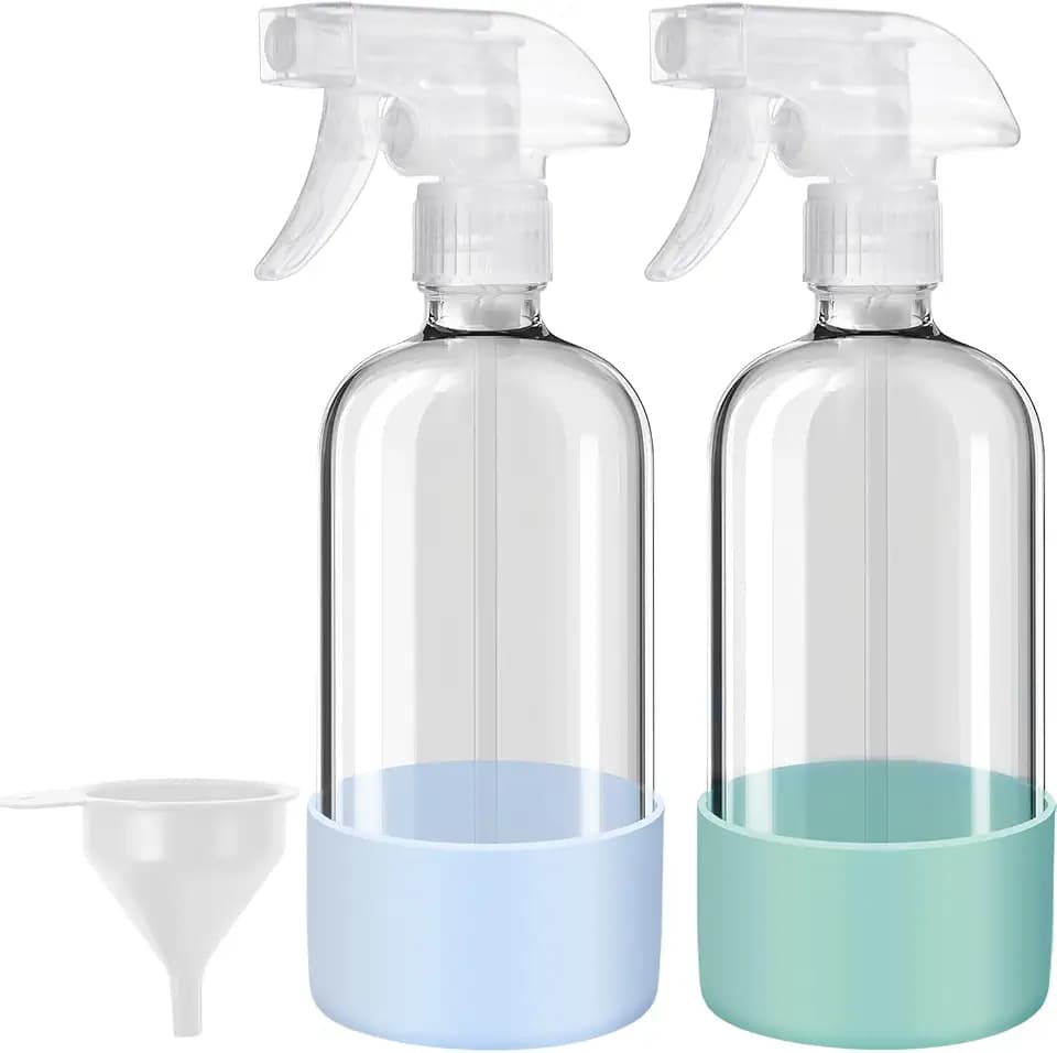 Glass Spray Bottles with Silicone Sleeves (2 Pack, 16 oz), Mist and Stream