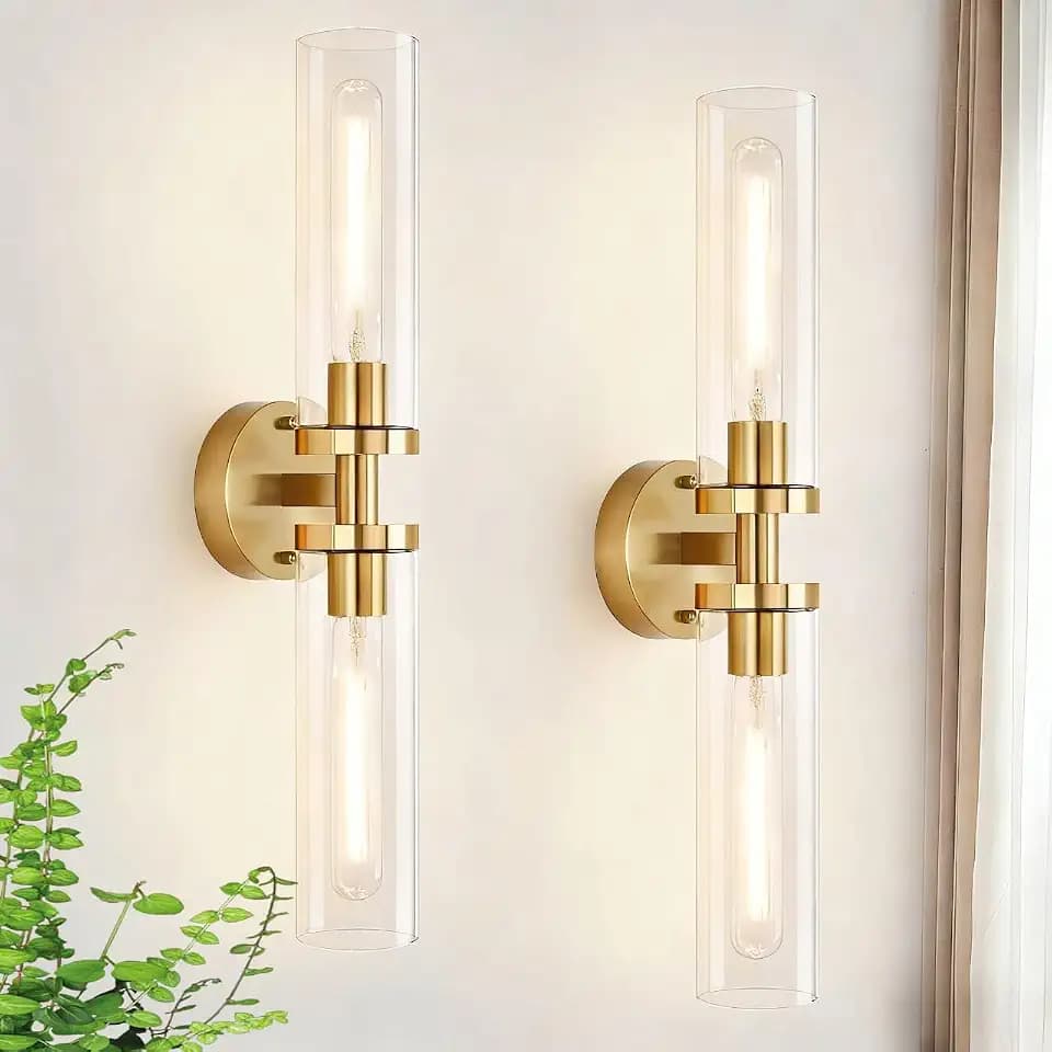 Bathroom Light Fixtures Set of 2, Brushed Gold Vanity Lights with Clear Glass Shade, Hardwired Bathroom Wall Sconce for Mirror Kitchen Living Room Hallway Cabinet Stairwell