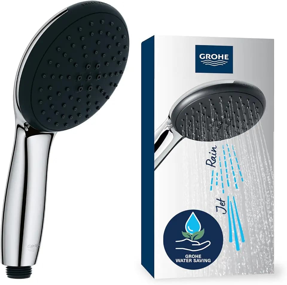 GROHE Vitalio 110, Duschkopf wassersparend, 6l pro Min (Handbrause 2 Strahlarten, per Drehregler verstellbar, Universalanschluss, Silikonring schützt Duschbrause bei Stürzen), rund, chrom, 2794610E