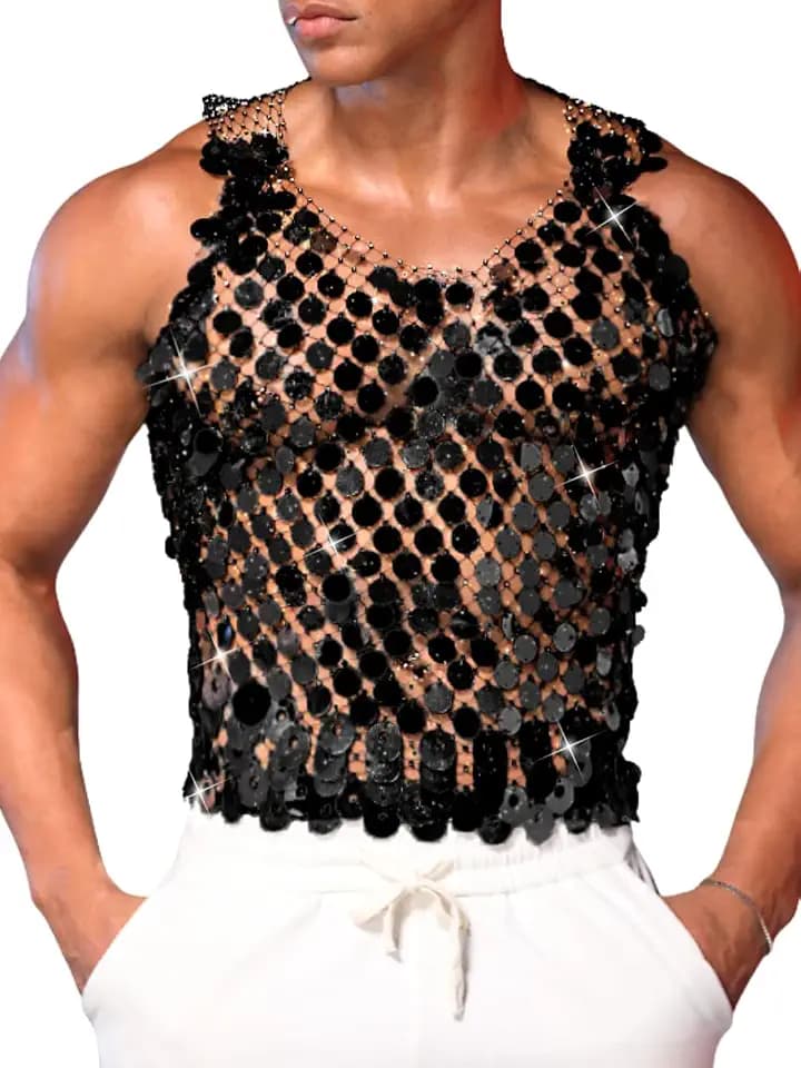ChiaoLezhee Men's Big Sequin & Rhinestone Mesh Shirt for Rave, Sparkly Reflective Metallic Sexy Tank Top (Fits Chest 30-46")